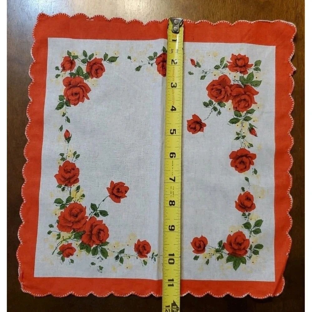 Linen Red Rose Floral Handkerchief Scalloped Cottage Core Bridesmaid Granny